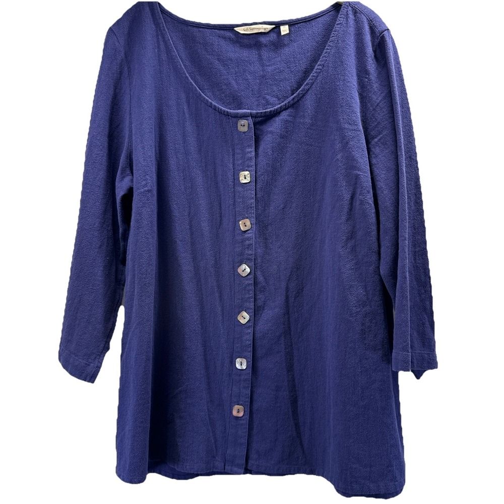 Soft Surroundings Women's Top Sz XL Solid Blue Button Up 3/4 Sleeves 100% Cotton